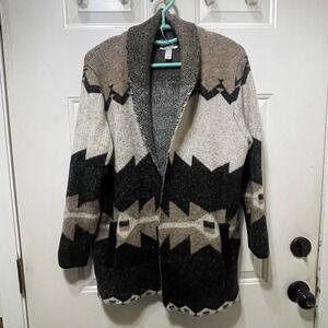 Denim & Co. Women's Brushed Long Sleeve Cardigan Aztec Brown Black Pockets 1X